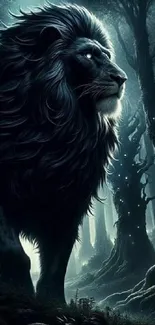 Majestic lion stands in mystical forest, glowing in ethereal moonlight.