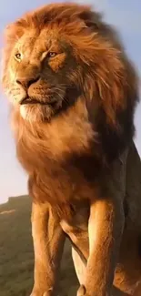 Majestic lion standing tall in a natural savannah landscape.