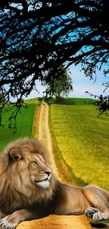 Majestic lion on a field beneath a tree, with a vibrant landscape.