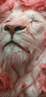 Artistic lion with floral mane and soft pink hues.