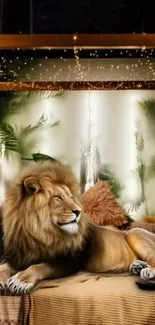 Majestic lion resting in a luxurious, regally decorated nook.