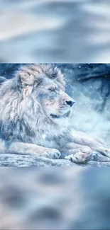 Majestic lion resting in a snowy landscape, showcasing serene winter beauty.