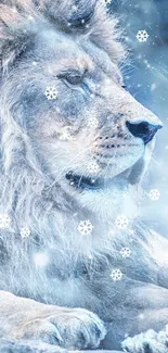 A majestic lion rests peacefully in a snowy setting with a serene blue hue.