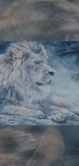 Majestic lion resting in a snowy landscape, exuding tranquility and strength.