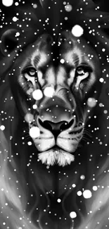 Black and white lion portrait with snowflakes.