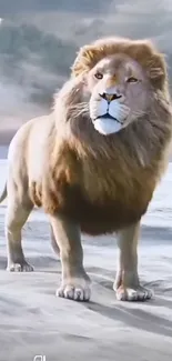 Majestic lion standing in a snowy landscape with a moody sky.