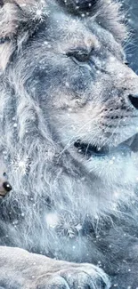 Majestic lion and wolf in a snowy landscape mobile wallpaper.