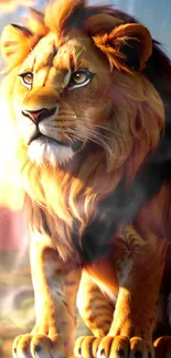 A majestic lion sitting majestically under a sunset, captured in vivid colors.