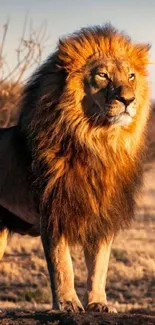 Majestic lion standing in sunset light on the savannah.