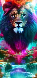 Majestic lion head in vibrant, surreal jungle wallpaper.