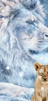 Lion and cub in snowy winter scene wallpaper.