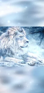 Majestic lion lying in a snowy, wintry landscape with cool blue tones.