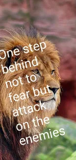 Lion with inspiring quote in nature setting.