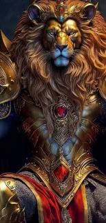 Majestic lion in detailed golden armor artwork.