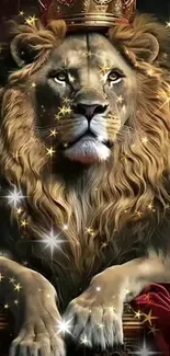 Majestic lion with a crown amidst sparkling stars.