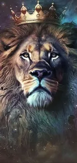 Majestic crown-wearing lion on cosmic background.