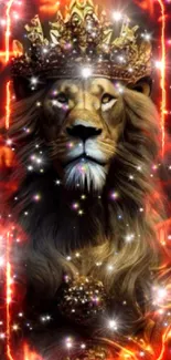 Regal lion wearing a golden crown with sparkling effects.