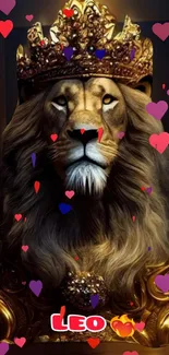 Majestic lion with crown and hearts mobile wallpaper.