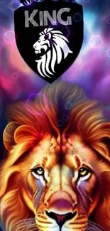 Majestic lion with cosmic background and king emblem wallpaper.