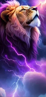 Majestic lion with purple mane amidst lightning and clouds, vibrant fantasy art.