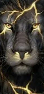 Majestic lion face with striking lightning effects in black and gold tones.