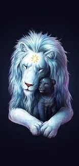 Majestic blue and white lion with cub on dark background.