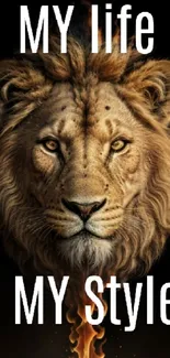 Majestic lion with text 'My life, My style' on dark background.