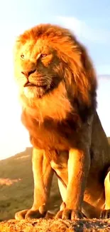 Majestic lion sits proudly at sunset in the savanna, golden hues illuminating the scene.