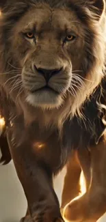 Majestic lion walks with strength and grace.