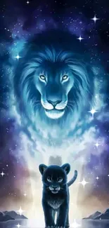 Majestic lion with cosmic blue aura in night sky.