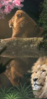 Majestic lion resting in a jungle with pink blossoms and green foliage.