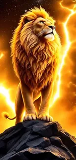 Majestic lion standing on a rocky peak with a fiery background.