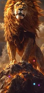Majestic lion stands on fiery rock under dramatic skies.