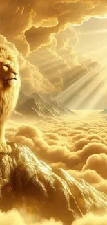 Majestic lion on a golden cloud with sunlight streaming through.