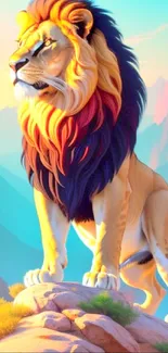 Lion atop mountain at sunrise, vibrant wallpaper