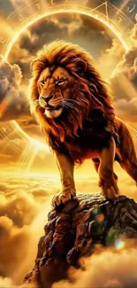 Majestic lion stands on a rocky peak with glowing clouds.