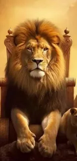 Majestic lion sitting on a throne surrounded by lionesses.