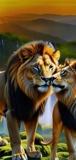 Two lions standing together in a natural landscape.