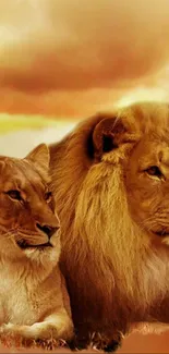 Majestic lion and lioness sitting together in the savanna landscape.