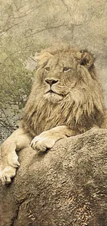 Majestic lion on rocky terrain with a natural backdrop.