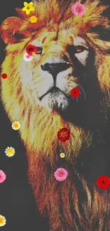 Vibrant and majestic lion wallpaper with a dark background.