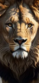 Close-up of a majestic lion face with a lush mane in golden brown tones.