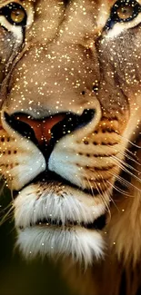 Close-up of a majestic lion's face, highlighting its intense gaze and fur textures.