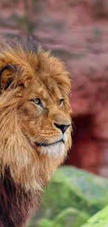 Majestic lion with a rich mane looking aside, set against a natural backdrop.