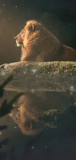 Majestic lion with reflection in dark serene setting mobile wallpaper.