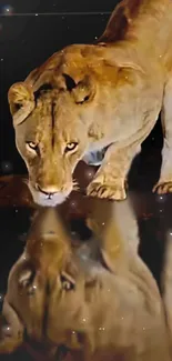 Majestic lion gazing into reflection in dark setting wallpaper.