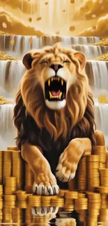 Roaring lion atop golden coins with waterfalls in background.