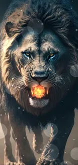 Roaring majestic lion in a fierce stance on a mobile wallpaper background.