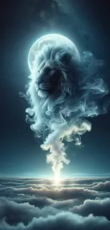 Lion's face in smoke with celestial background mobile wallpaper.