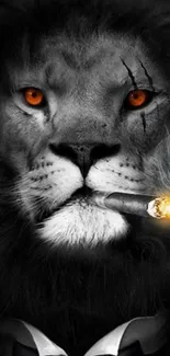 Majestic lion in suit with orange eyes and a cigarette.